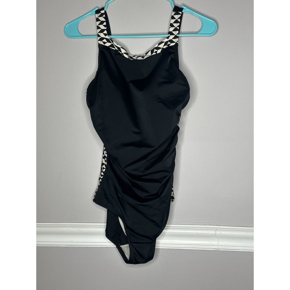 Reebok Swimsuit Black One Piece Women Sz 10 Slimming Geometric Trim - Picture 5 of 9